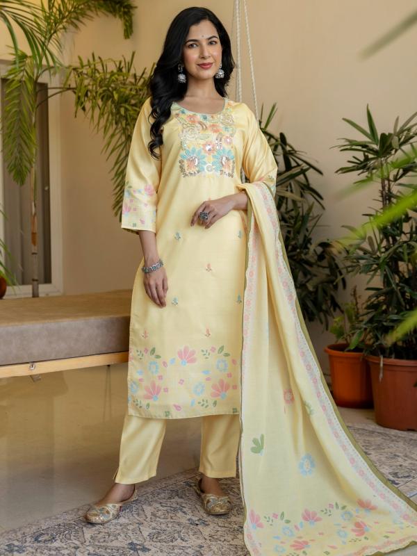 VP 9903 Y Women’s Vertican Silk Straight Kurta Pent Dupatta Sets with Beads Work | 3pcs Ethnic Set
